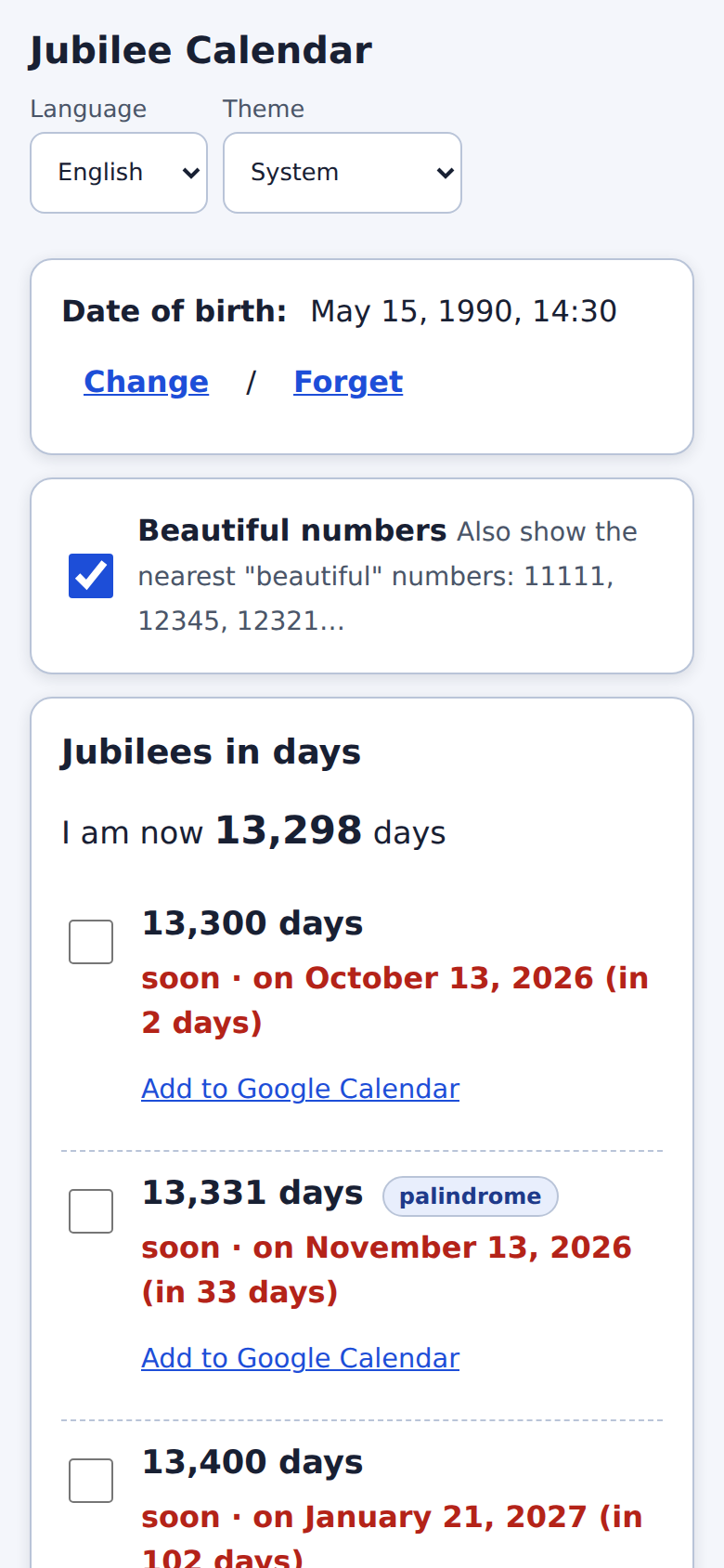 Jubilee calendar in days with beautiful numbers on: 13,300 days, 13,331 days labelled palindrome, and more.