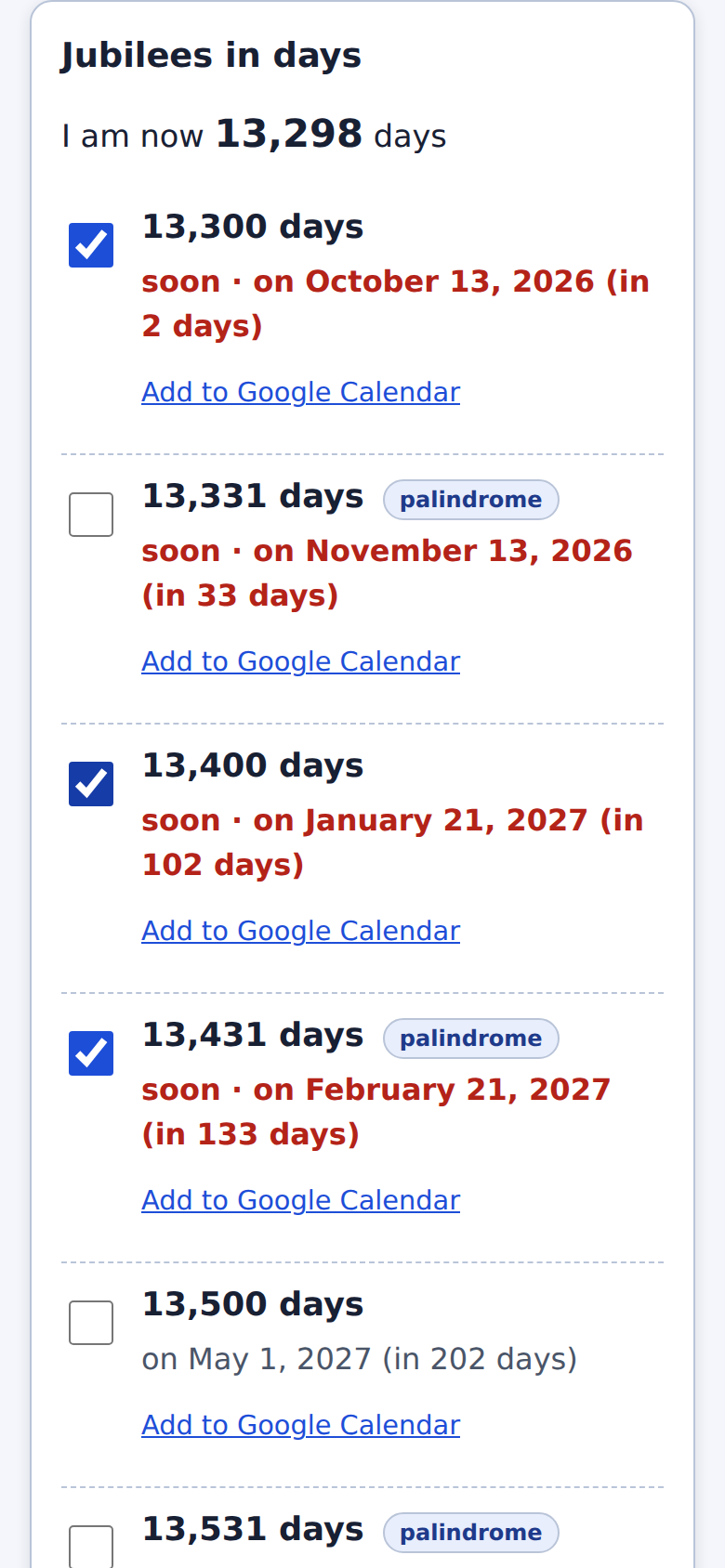List of jubilees with ticked checkboxes and "Add to Google Calendar" links.